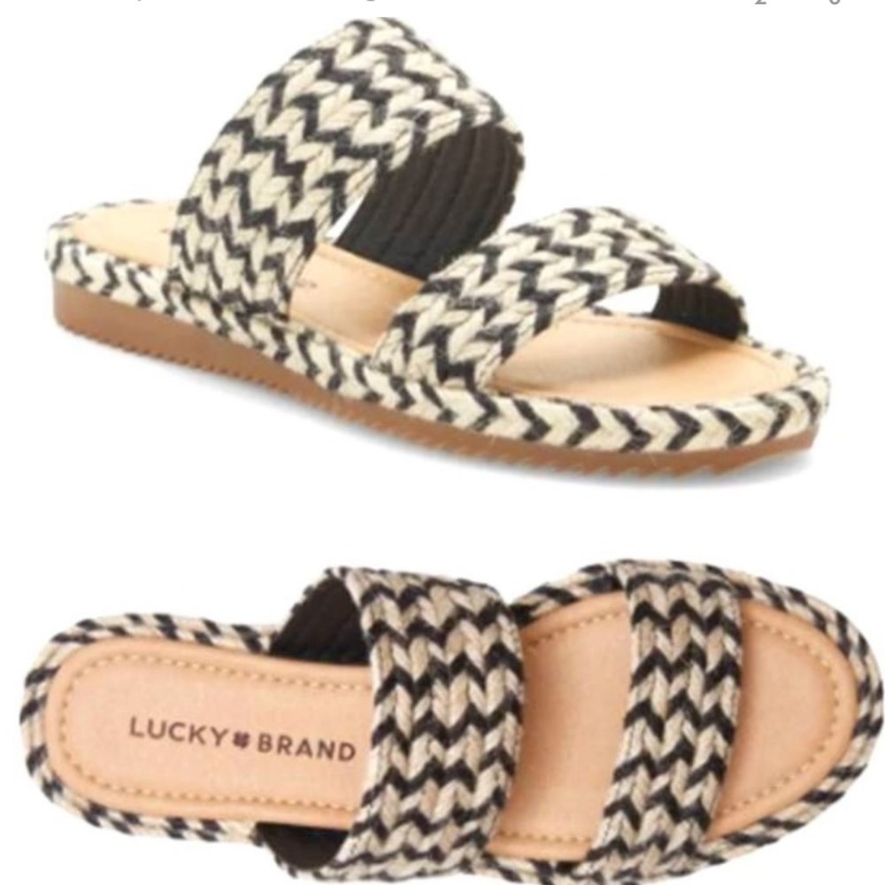 NIB Lucky Brand Size 7 Black Decime Slide Sandals Two Tone Braiding Flat